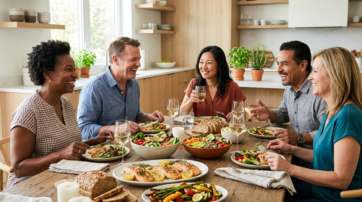 Des personnes heureuses profitant d'un repas sain ensemble
